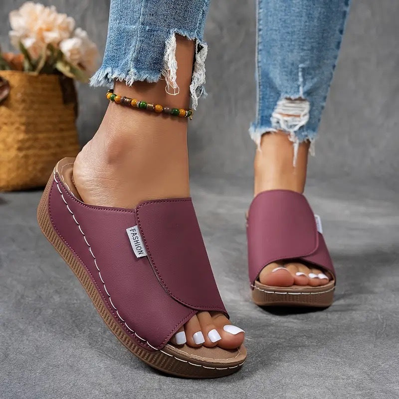 Women's Slip-On Wedge Sandals – Wide Strap, Stitched Synthetic-83190-0e34be8c-bf26-4361-9a3f-4867e22fe3ab