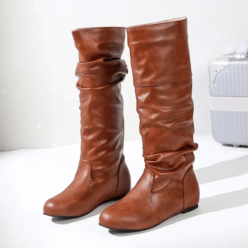 Women's Brown Slouchy Knee-High Boots, Synthetic Leather, Low Stacked Heel, Flexible Sole-67727-29dcb467-fdb8-4ffb-a50a-d0958ecc5f27