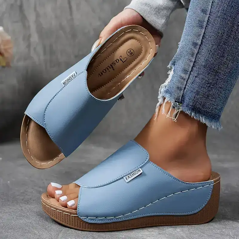 Women's Slip-On Wedge Sandals – Wide Strap, Stitched Synthetic-83190-2a4718fd-df56-448f-a72e-e0174caedd0b