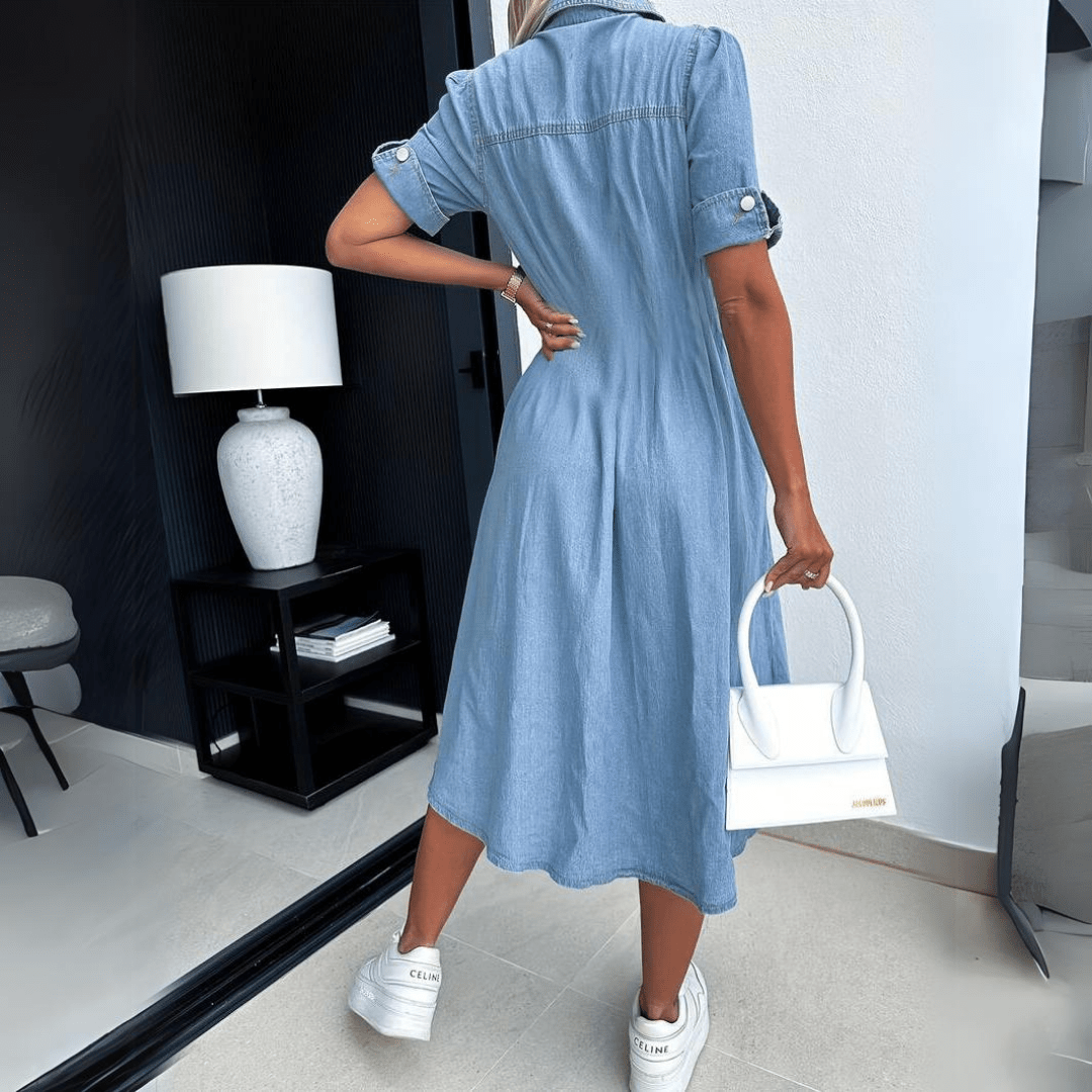Women's Denim Midi Dress – Light Blue Button-Down, Cinched Waist-75839-2a71bffd-2643-4a1c-b50c-f4110d4b74d1