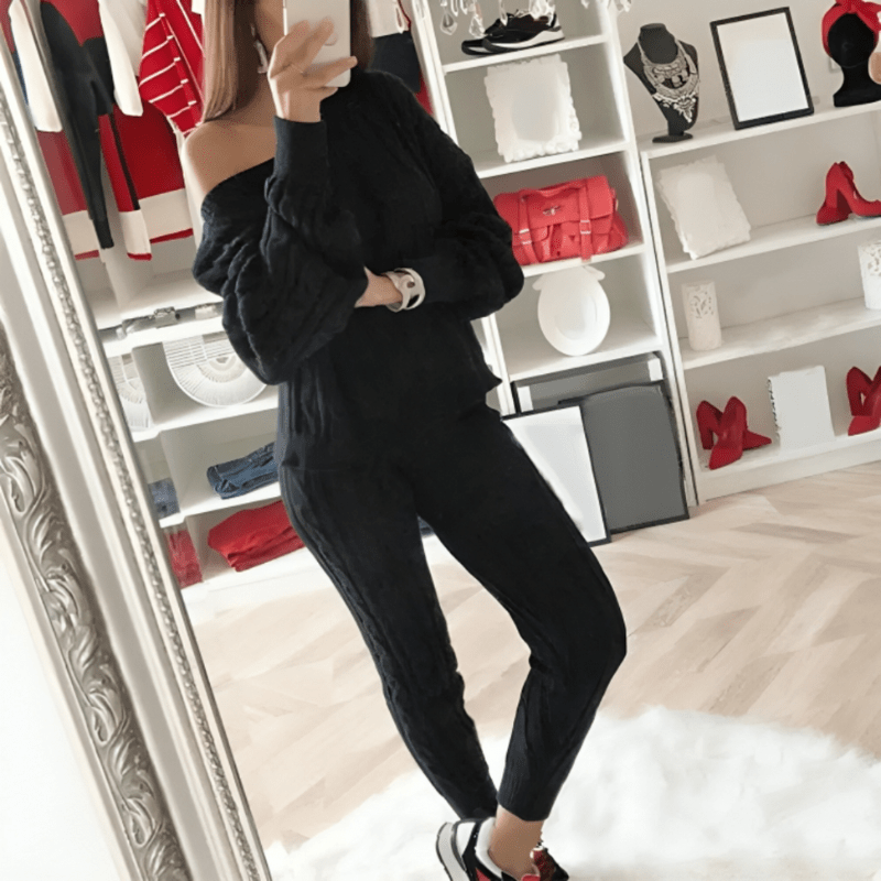 Women's Beige Cable Knit Lounge Set - Relaxed Sweater & Tapered Pants-67694-2aee3aab-634f-4f7d-91be-35ea6e44acd2