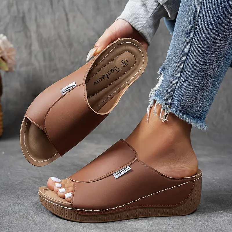 Women's Slip-On Wedge Sandals – Wide Strap, Stitched Synthetic-83190-2b25632e-3dec-4f39-af7a-d794ecf872b7
