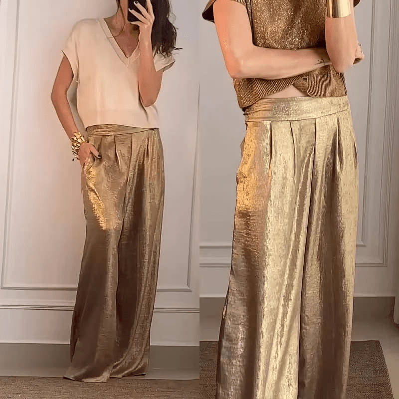 Women's Gold Metallic Satin Wide-Leg Trousers – High-Waist Pleated Design, Elegant Style, Sydney Wardrobe-67714-330cca30-2fb7-4fcf-b5a7-ff97b19bf45a