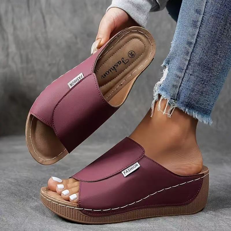 Women's Slip-On Wedge Sandals – Wide Strap, Stitched Synthetic-83190-35256b15-b7bc-4f0d-977e-b38c8fba64a2