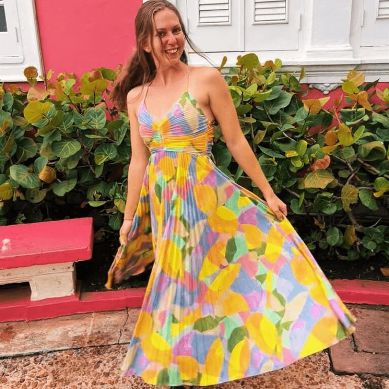 Women's Midi Dress - Multi-Colored Pleated Sweetheart Neckline Polyester Spandex-67691-365057cf-5e48-420b-a8e2-c6fa683c08af