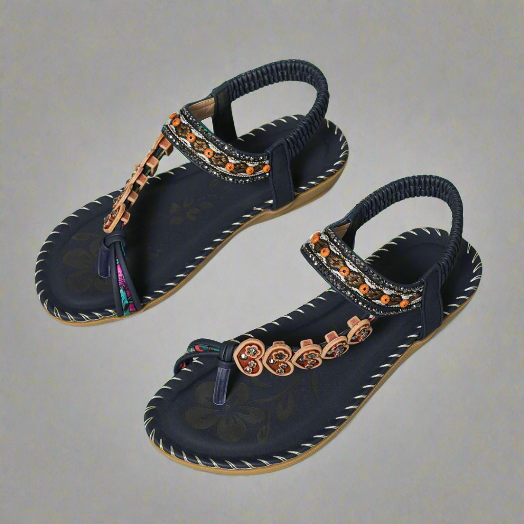 Women's Flat Sandals – Beaded Floral T-Strap with Elastic Ankle Strap, Multi-Color-83364-38c6a728-5797-460a-a8db-830c4f25b5e6