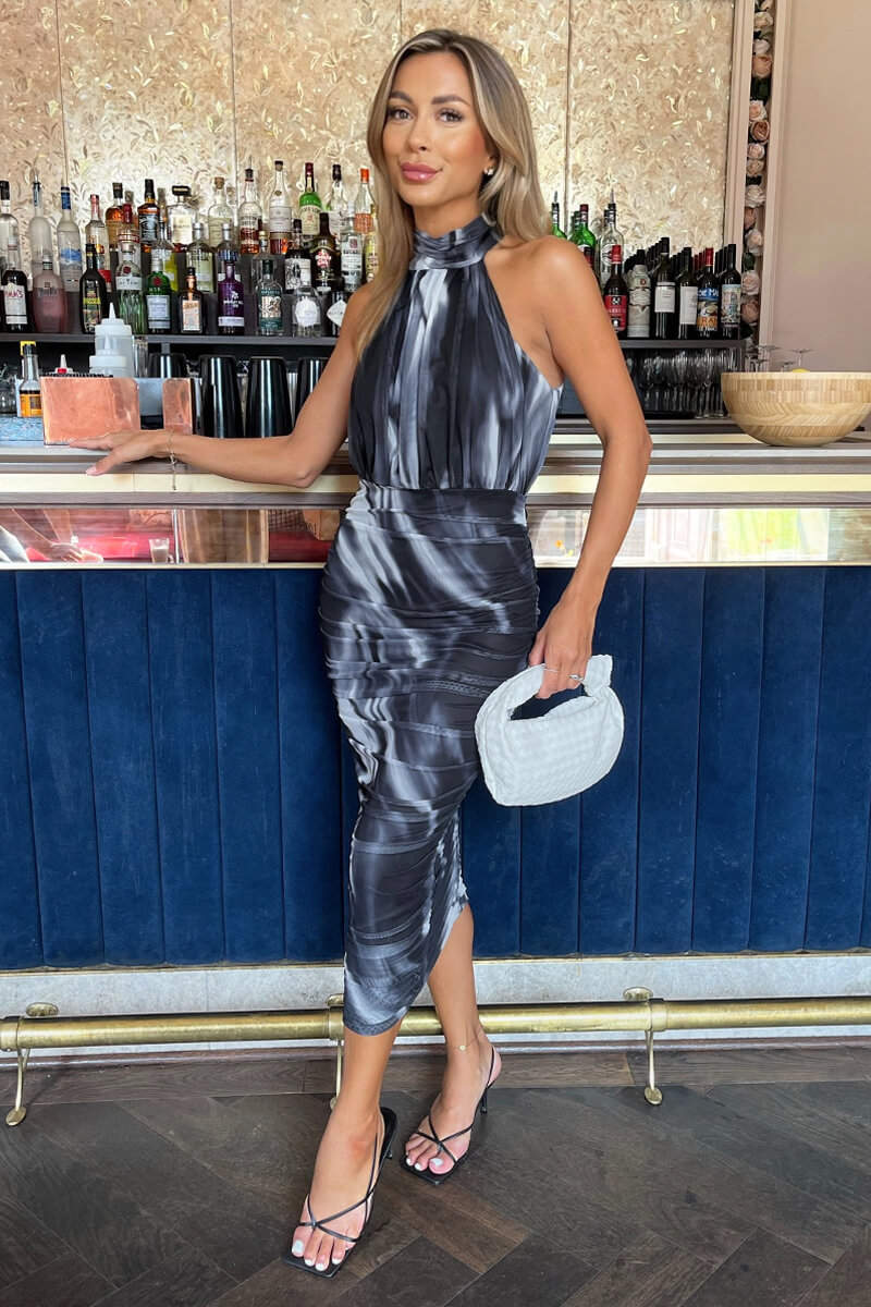 Women's Gray Tie-Dye Halter Midi Dress with Side Slit, Fitted Waist, Modern Chic Style-78408-3c07af8e-d992-4450-8763-cb8a5a50b3e5