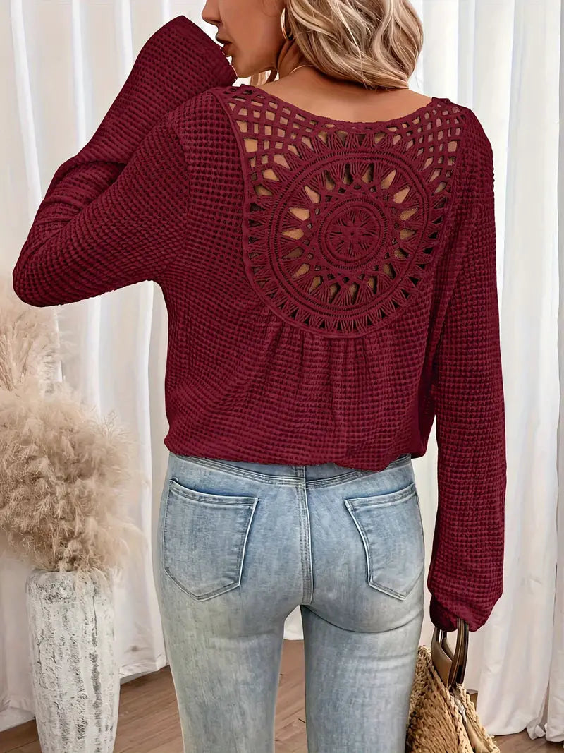 Women's Waffle Knit Long Sleeve Top – Crochet Open Back, Bohemian Style, Light Blue, Burgundy, Cream, Pink, Olive Green-81413-3cabf035-2259-4b3a-bd34-05e014cacc5c