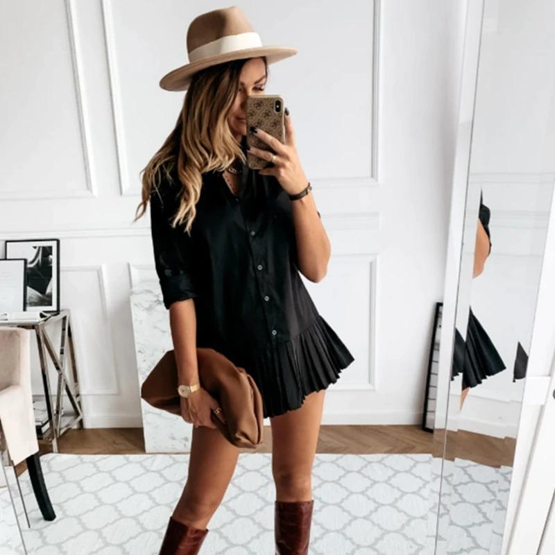 Women's Shirt Dress – Button-Down, Pleated Skirt, Long Sleeve, Cotton Blend, Black White Beige-77166-48f63f0a-67b0-4406-8e81-0f8827e9e1c9