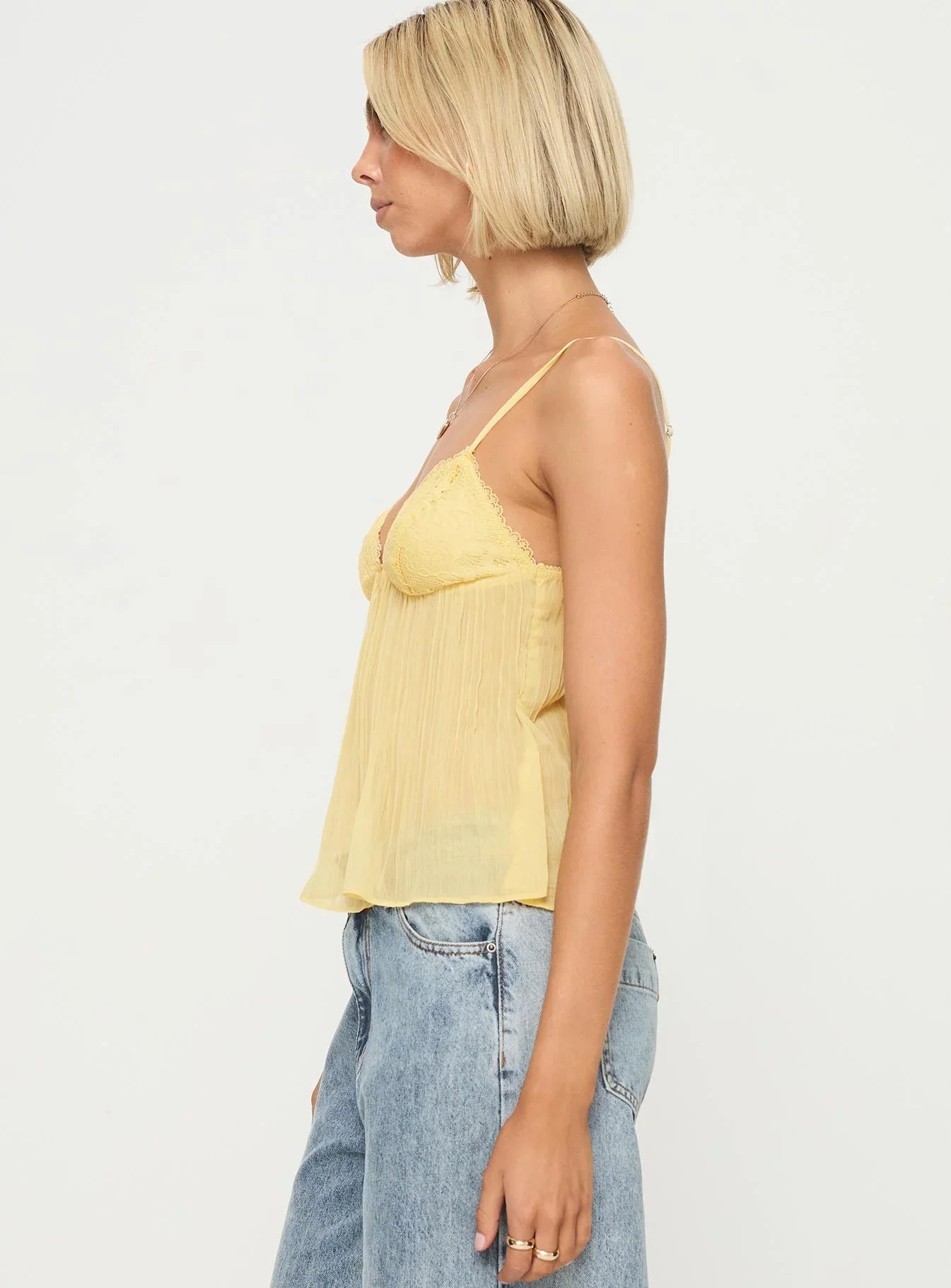 Women's Yellow Pleated Cami Top with Lace Detail, Feminine Style-83482-493a017f-316c-456d-9f65-407fbdde1834