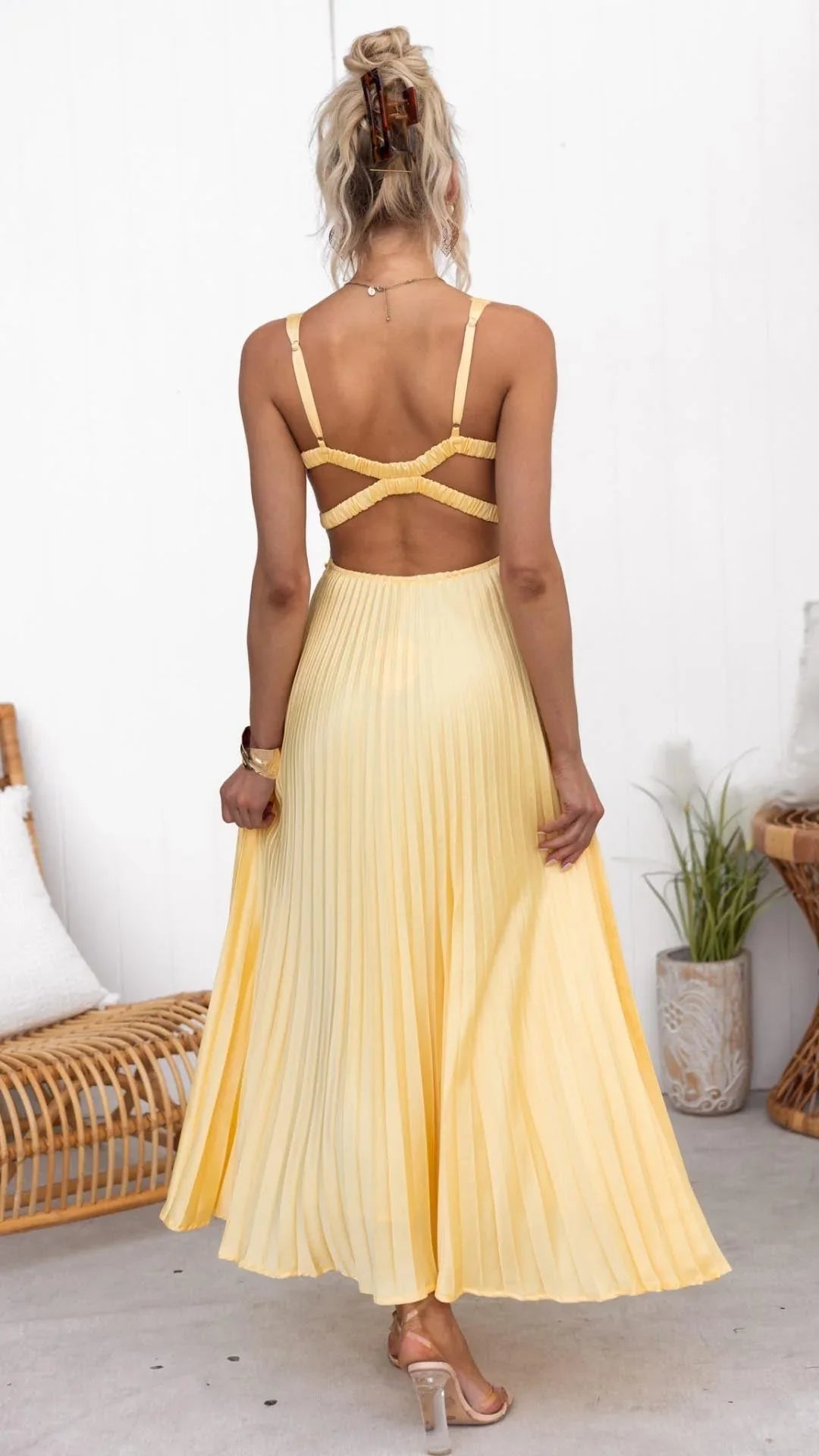 Women's Yellow Pleated Maxi Dress – V-Neck, Thin Straps, Lightweight Fabric-83170-497f0c0d-b9d1-4fa7-aeaa-bff0a43b2028