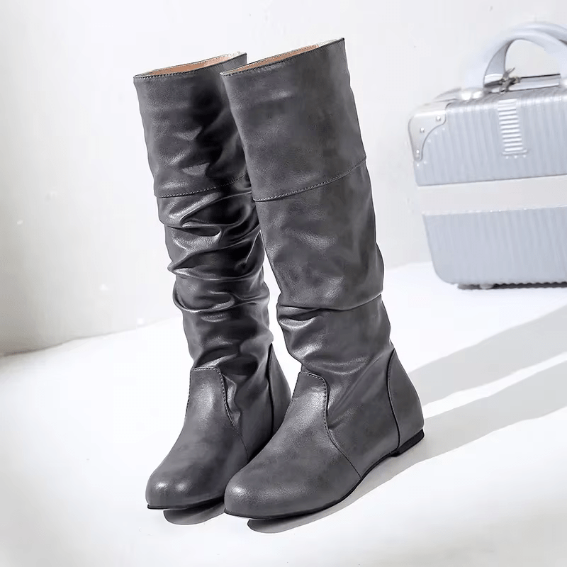 Women's Brown Slouchy Knee-High Boots, Synthetic Leather, Low Stacked Heel, Flexible Sole-67727-4ef5db3d-0744-4737-83fd-eaeba3388629