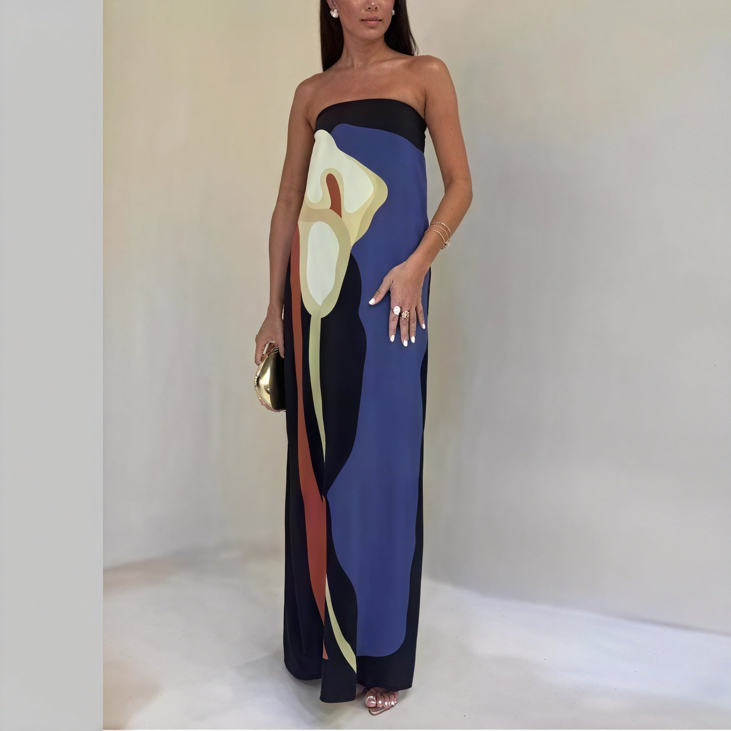 Women's Strapless Maxi Dress – Abstract Print, Multi-Color, Elegant Flowing-53168-f3415fc3-efc6-4da8-9cbf-36ab91bcd0c7