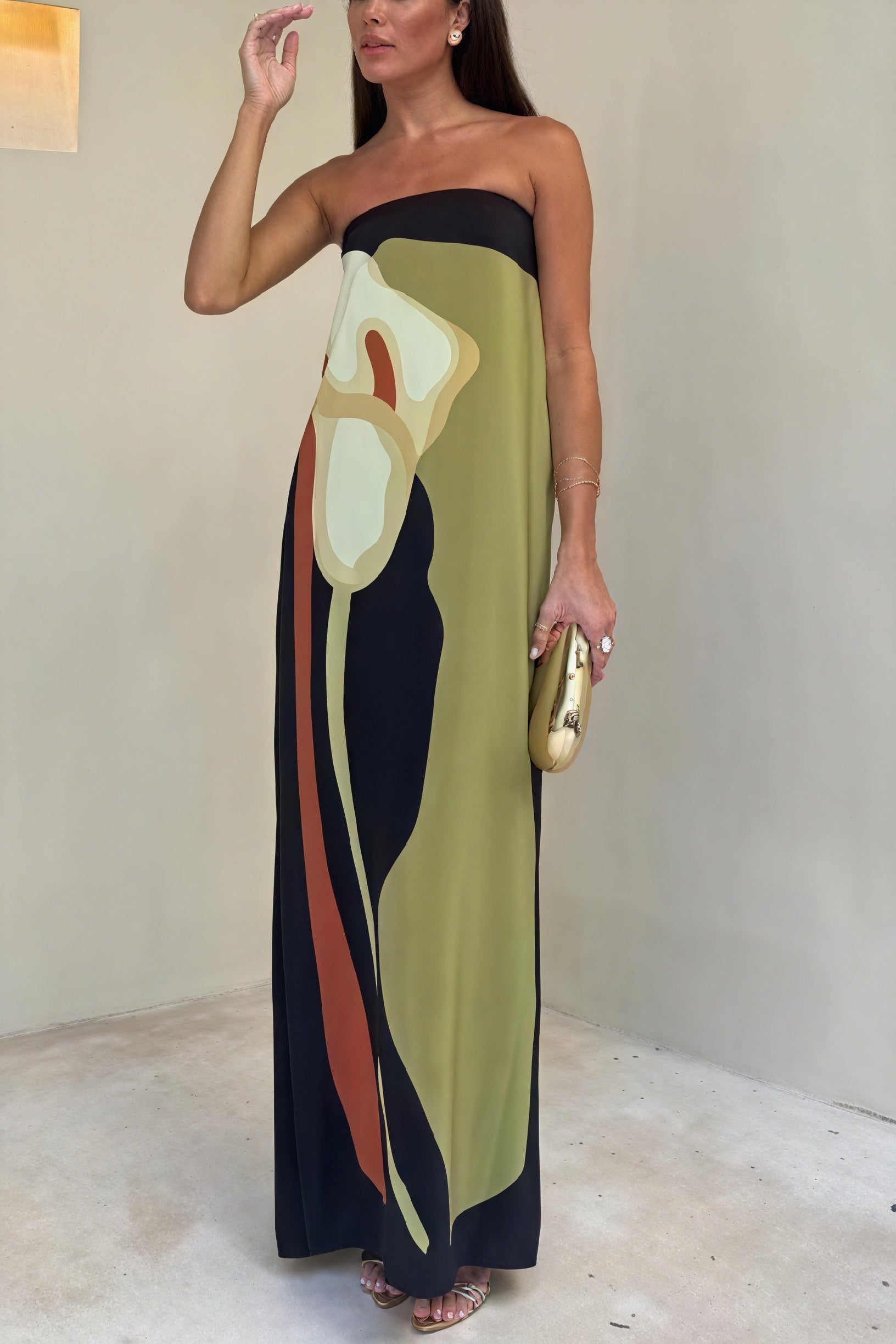 Women's Strapless Maxi Dress – Abstract Print, Multi-Color, Elegant Flowing-53168-bf581dc8-2438-414a-afb4-d93fcf798477