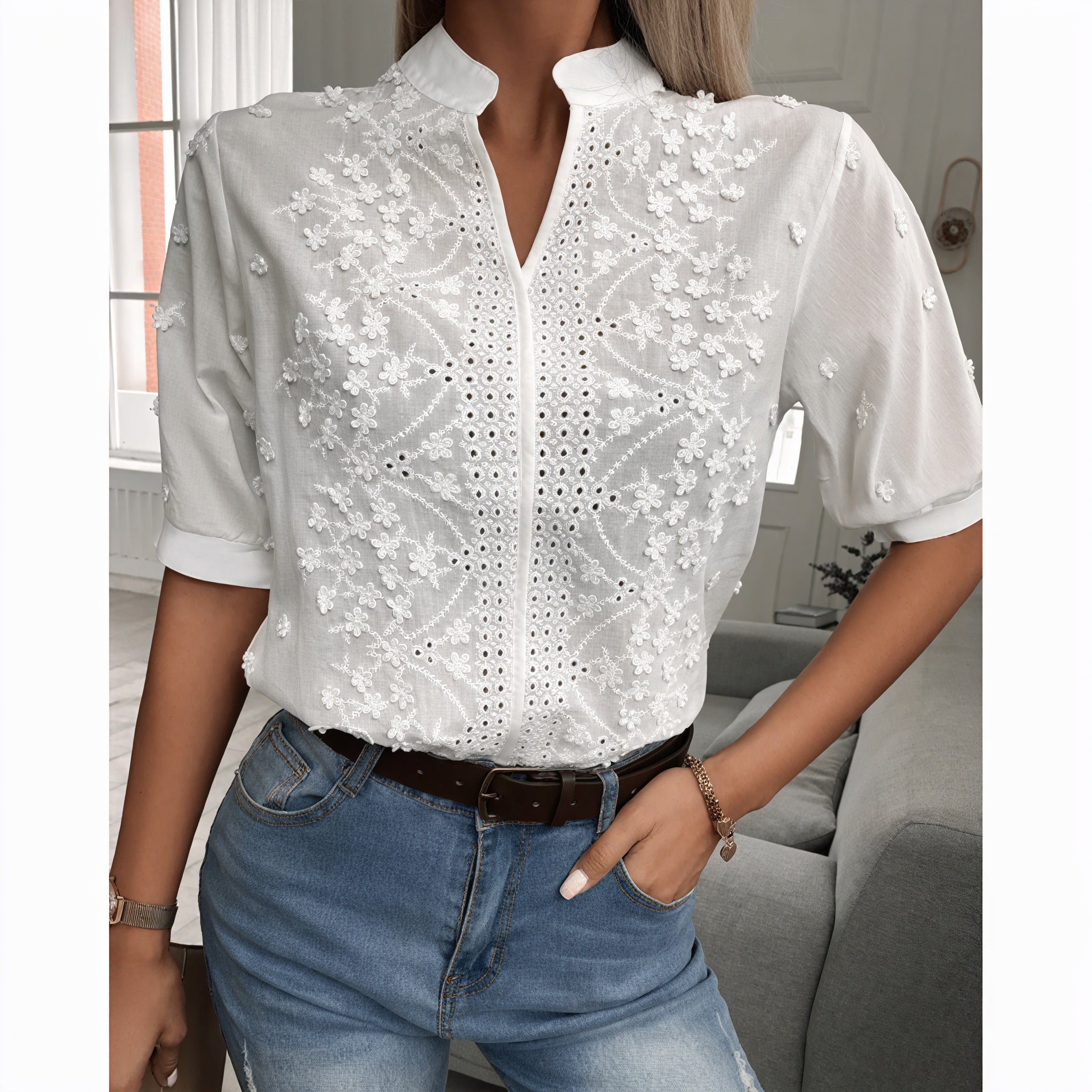 Women's White Cotton Blouse – Floral Embroidery, Eyelet Details, Puffed Sleeves-53209-1d9ce6b7-36e2-4a81-8870-1c4d8c9b7dff