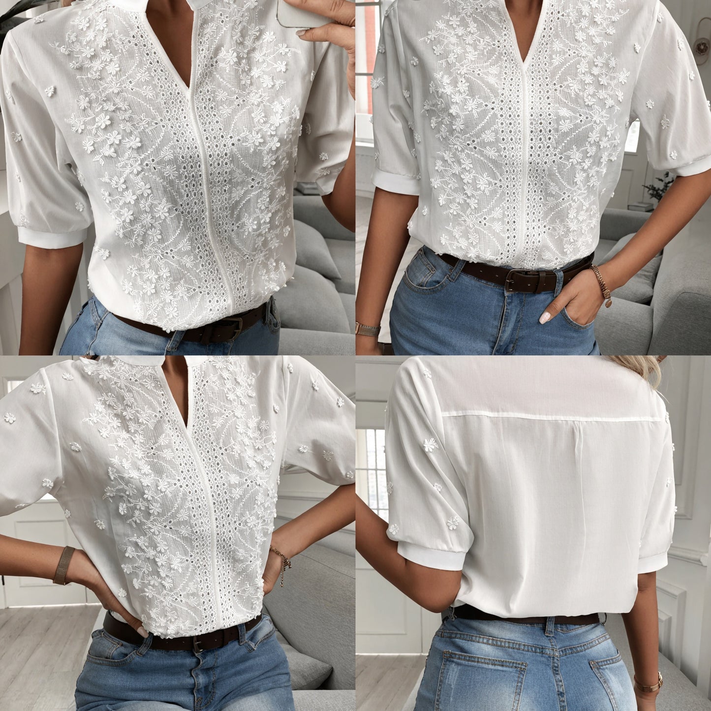 Women's White Cotton Blouse – Floral Embroidery, Eyelet Details, Puffed Sleeves-53209-9bbc88f1-3a2f-4a05-ac60-151e8f5c291f