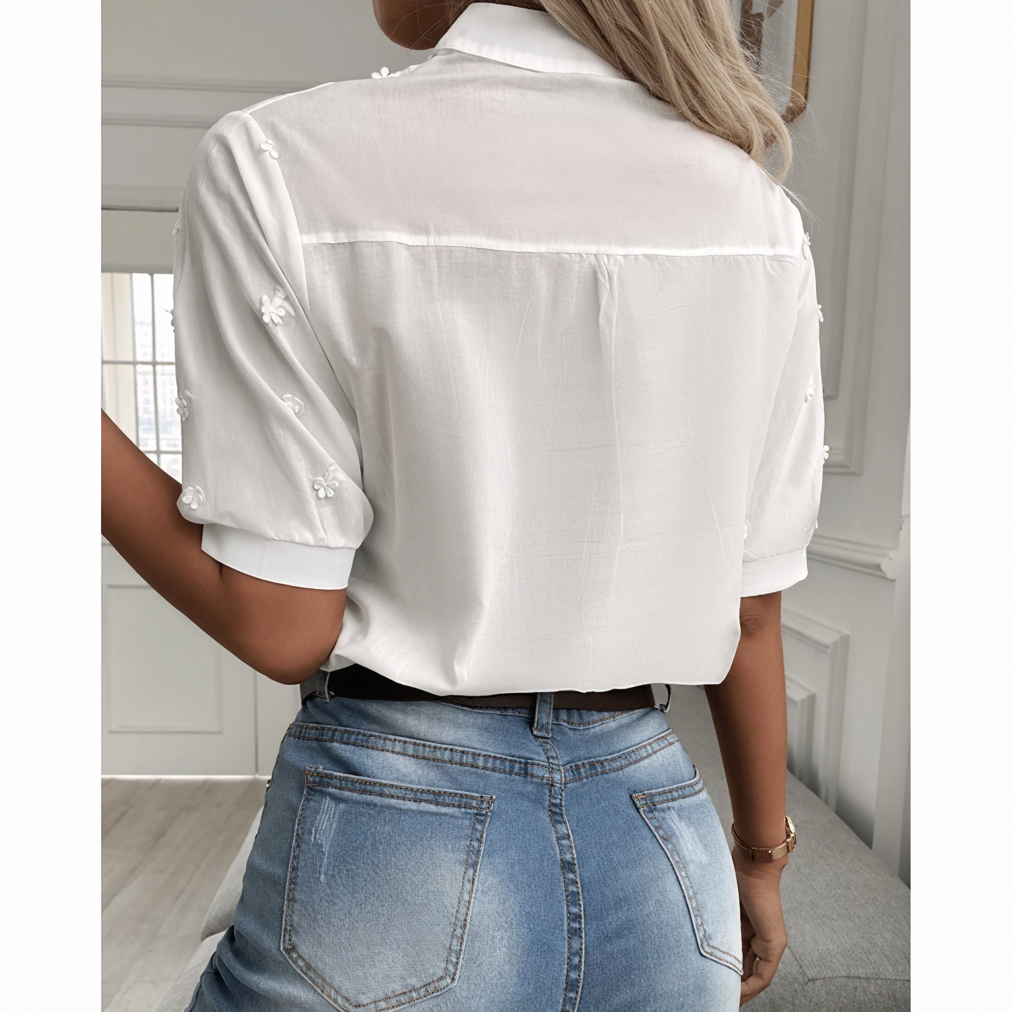 Women's White Cotton Blouse – Floral Embroidery, Eyelet Details, Puffed Sleeves-53209-67ae151d-e0d8-4e72-9b98-53273d2b98a8