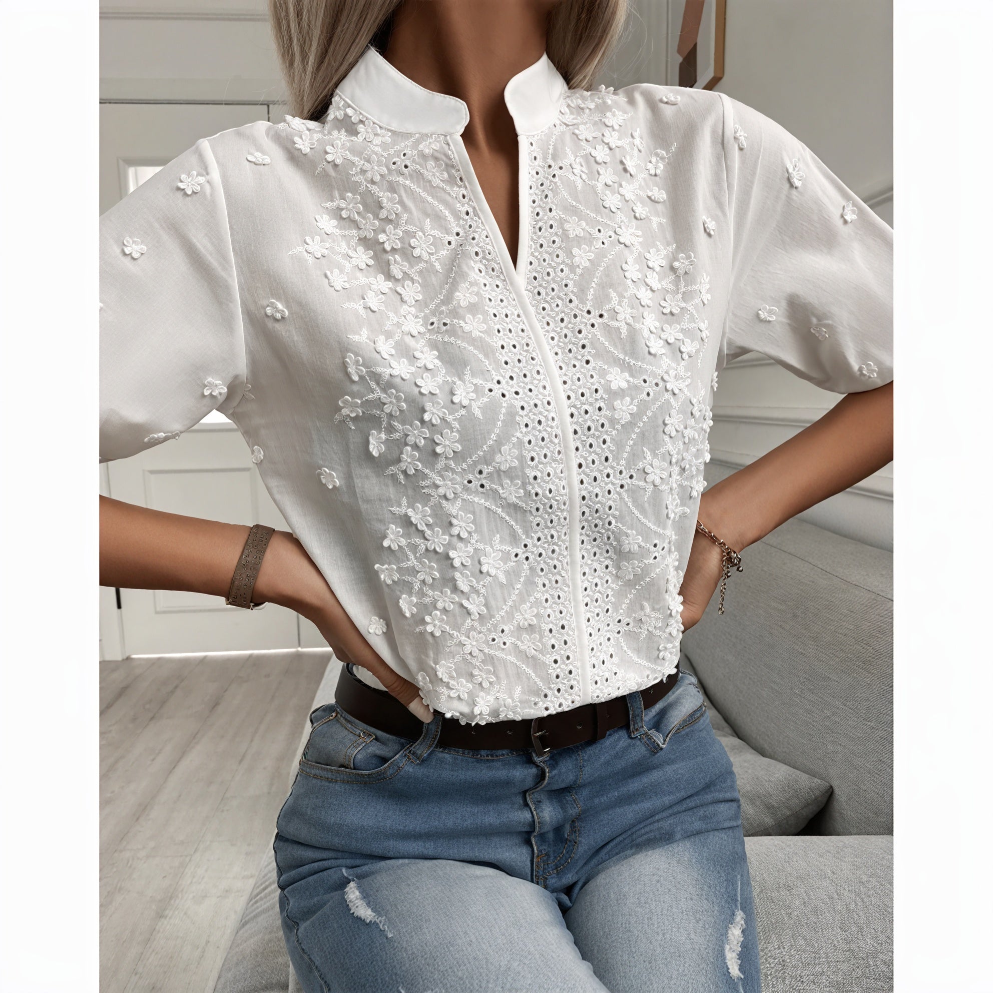 Women's White Cotton Blouse – Floral Embroidery, Eyelet Details, Puffed Sleeves-53209-f6a8ce61-1a88-48d1-b46c-4302f3f17b39