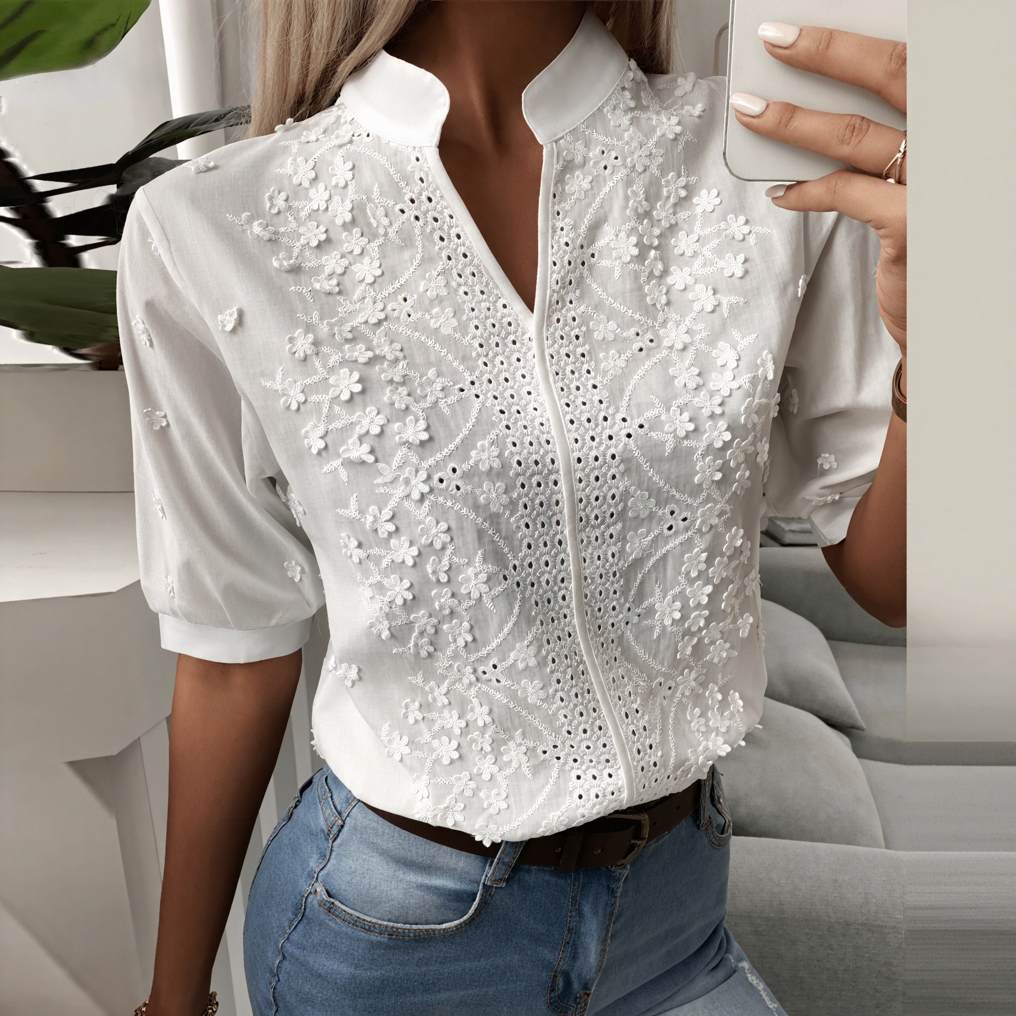 Women's White Cotton Blouse – Floral Embroidery, Eyelet Details, Puffed Sleeves-53209-91004e28-d1a5-423e-bce5-a07ac8452c36