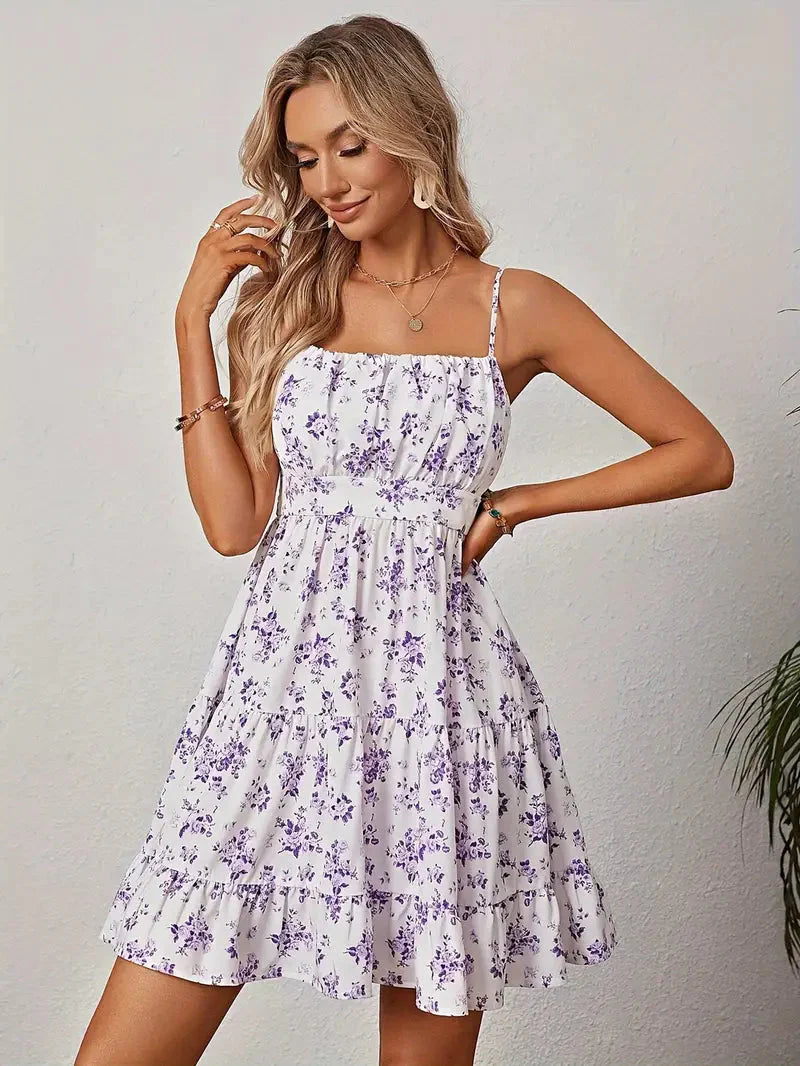 Women's Blue Floral Tiered Ruffle Dress – Square Neck, Sleeveless, Lightweight Polyester Blend-82495-5595a4e6-0900-4be7-af7a-327c3dde6584