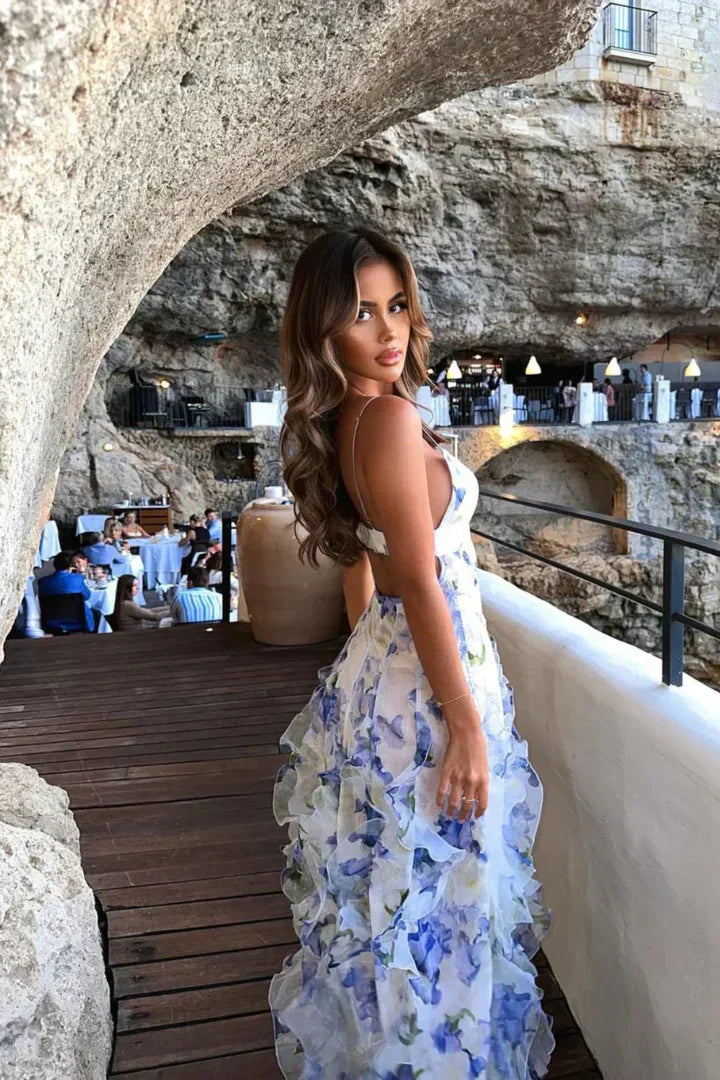 Women's Chiffon Maxi Dress – White Blue Floral Print, Ruffled Skirt, Spaghetti Strap-77260-59f3dfb5-518a-45b0-bfdf-839be5b9571f