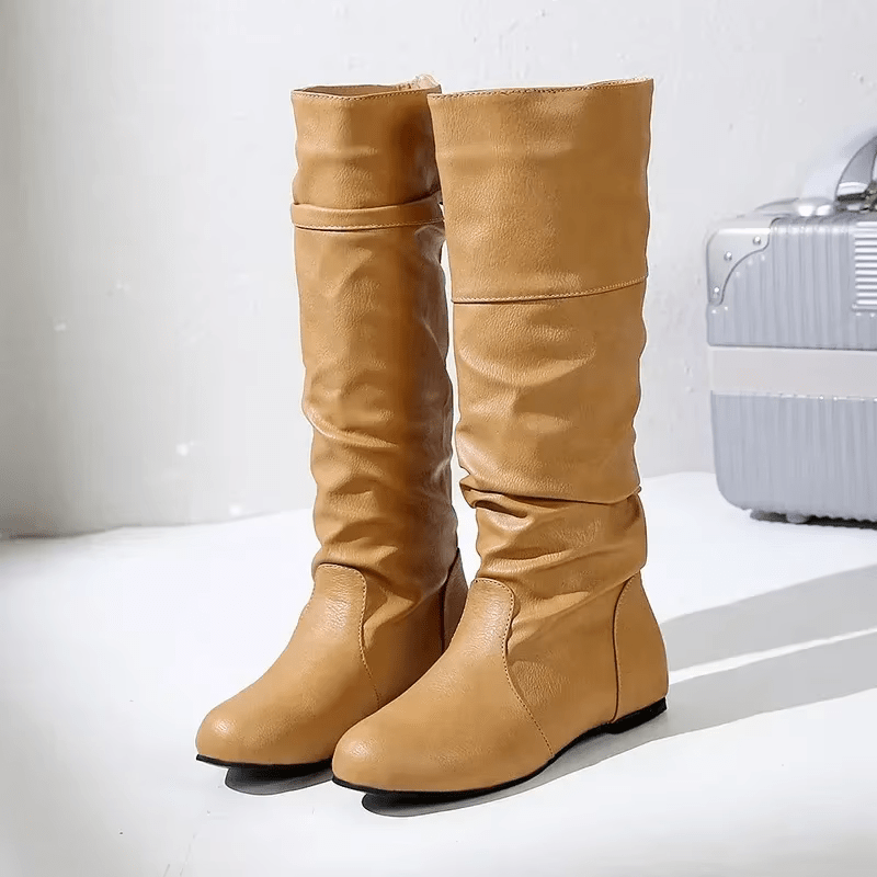 Women's Brown Slouchy Knee-High Boots, Synthetic Leather, Low Stacked Heel, Flexible Sole-67727-5da897be-fb9e-4233-aedd-46b55a9f1459