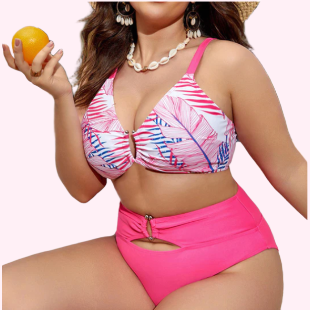 Women's Bikini Swimwear Set – Pink Blue Tropical Keyhole High-Waist Polyester Spandex-64176-4b428279-45fb-46fe-86d1-3db755246ba7