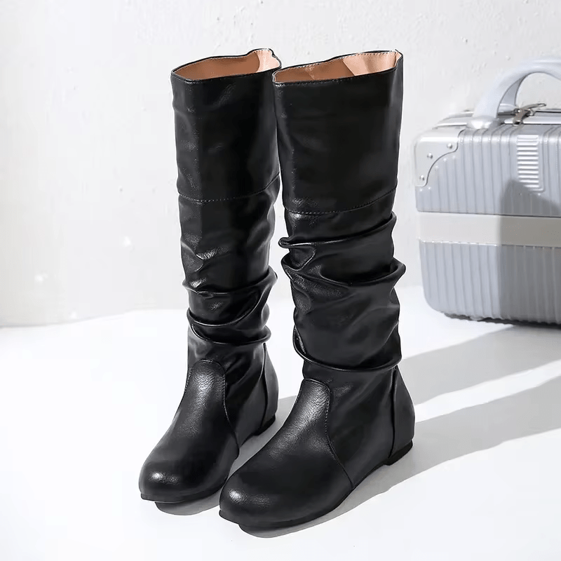 Women's Brown Slouchy Knee-High Boots, Synthetic Leather, Low Stacked Heel, Flexible Sole-67727-64b2594a-6982-420e-af26-a428a91972e8