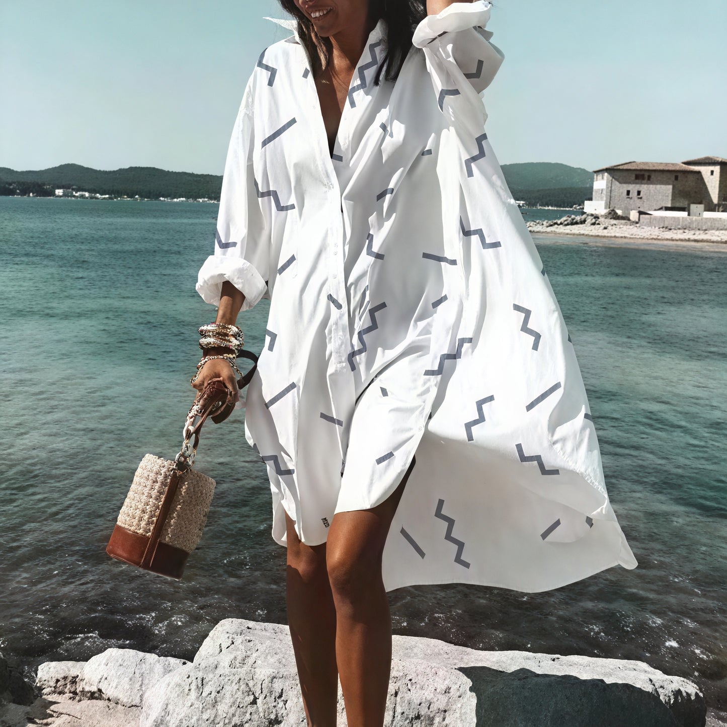 Women's White Oversized Button-Down Cotton-Linen Dress with Long Sleeves & Side Slits, Casual Summer Style-67567-0a062f1b-2bd7-462d-937f-981ee8627a9c