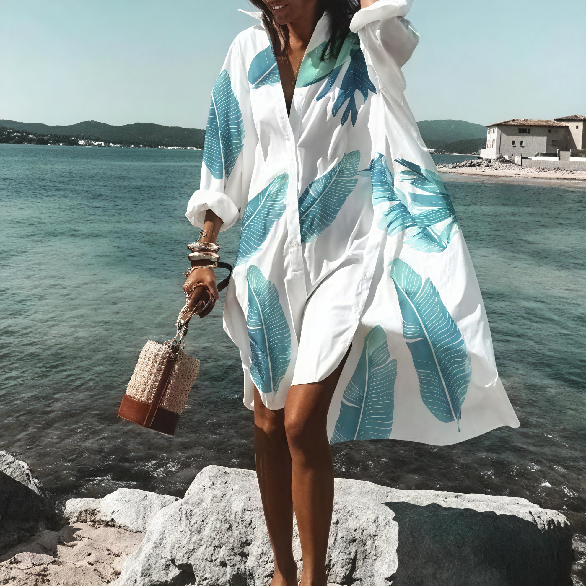 Women's White Oversized Button-Down Cotton-Linen Dress with Long Sleeves & Side Slits, Casual Summer Style-67567-0d8ece67-7f82-469f-a071-08d51f86ded6