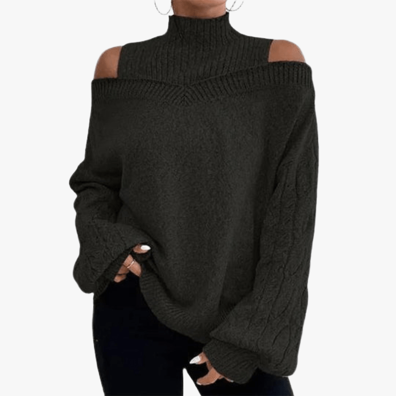 Women's Blue Knitted Top – Off-Shoulder, Oversized Cable Knit Sleeves, High Neckline-67631-377fc241-5e91-4dab-9abe-f3b3d8836ec4
