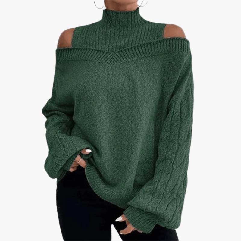 Women's Blue Knitted Top – Off-Shoulder, Oversized Cable Knit Sleeves, High Neckline-67631-e26e8624-1a4d-4e34-a0a3-a6b4c22a12ea