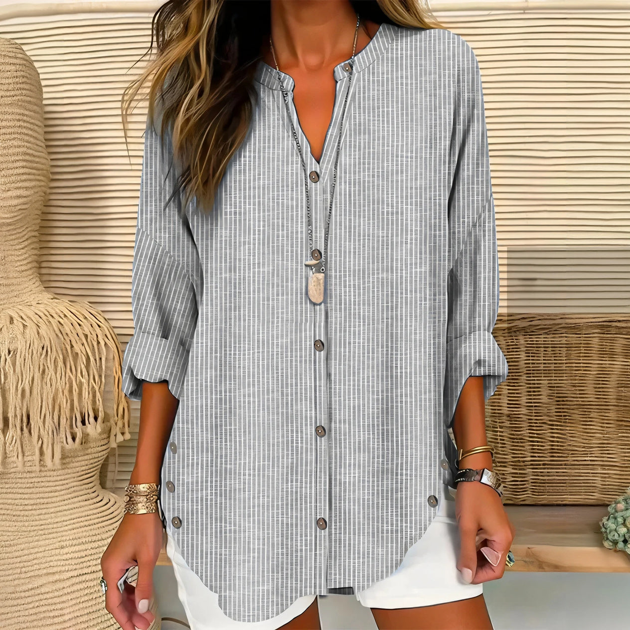 Women's Striped Button-Down Top – Cotton Blend, 3/4 Sleeves, Curved Hem, Casual Style-67658-b9d63e90-5652-4542-b4f4-49e4adb02175