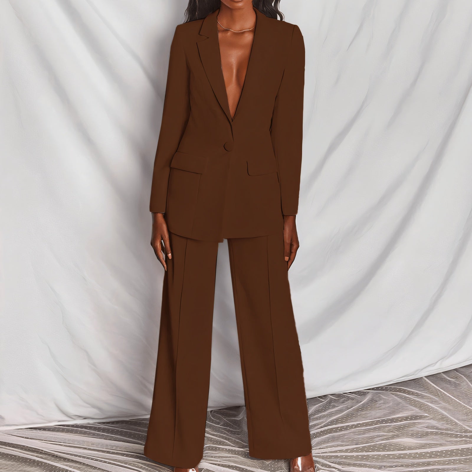 Women's Blue Suit – Deep V-Neck, Structured Shoulders, Wide-Leg Trousers, Polyester Spandex, Chic Modern Style-67661-1ae2a5e5-61b0-4b08-b6e9-880400483b52