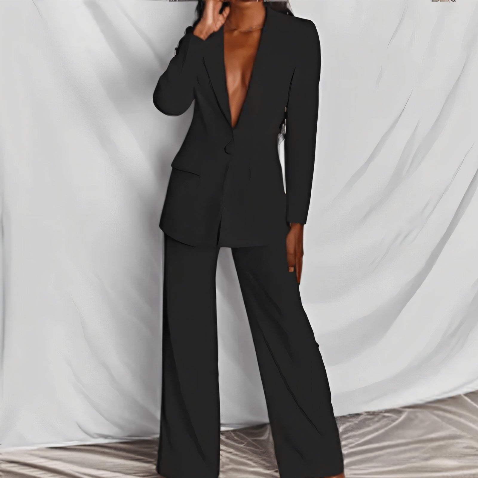 Women's Blue Suit – Deep V-Neck, Structured Shoulders, Wide-Leg Trousers, Polyester Spandex, Chic Modern Style-67661-176b121e-eab1-4a0c-86f6-0acab11ad35d