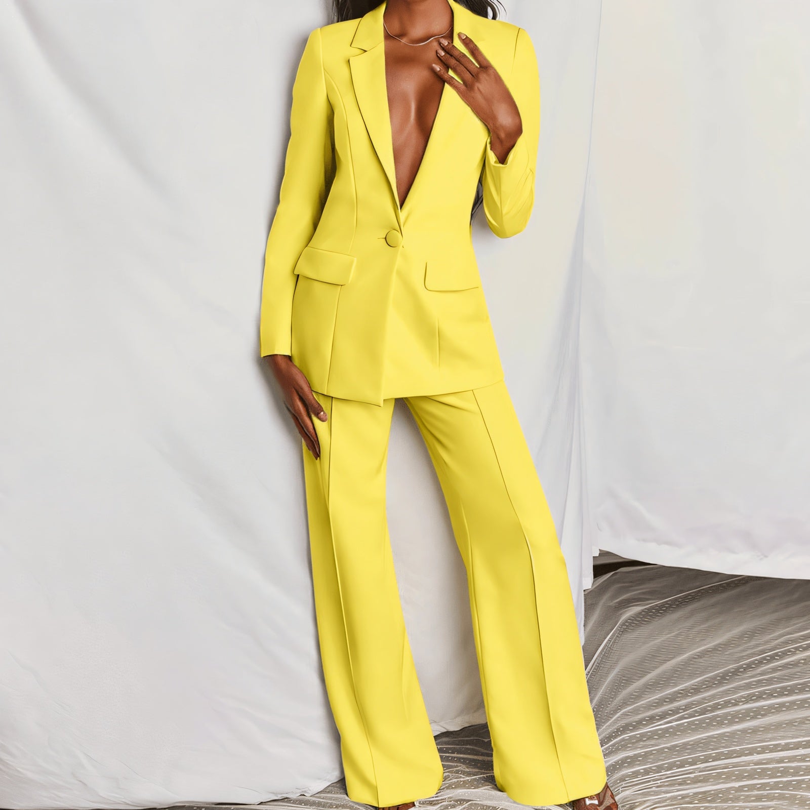 Women's Blue Suit – Deep V-Neck, Structured Shoulders, Wide-Leg Trousers, Polyester Spandex, Chic Modern Style-67661-bf1f143f-52e9-4fa7-b504-4440e93dc999