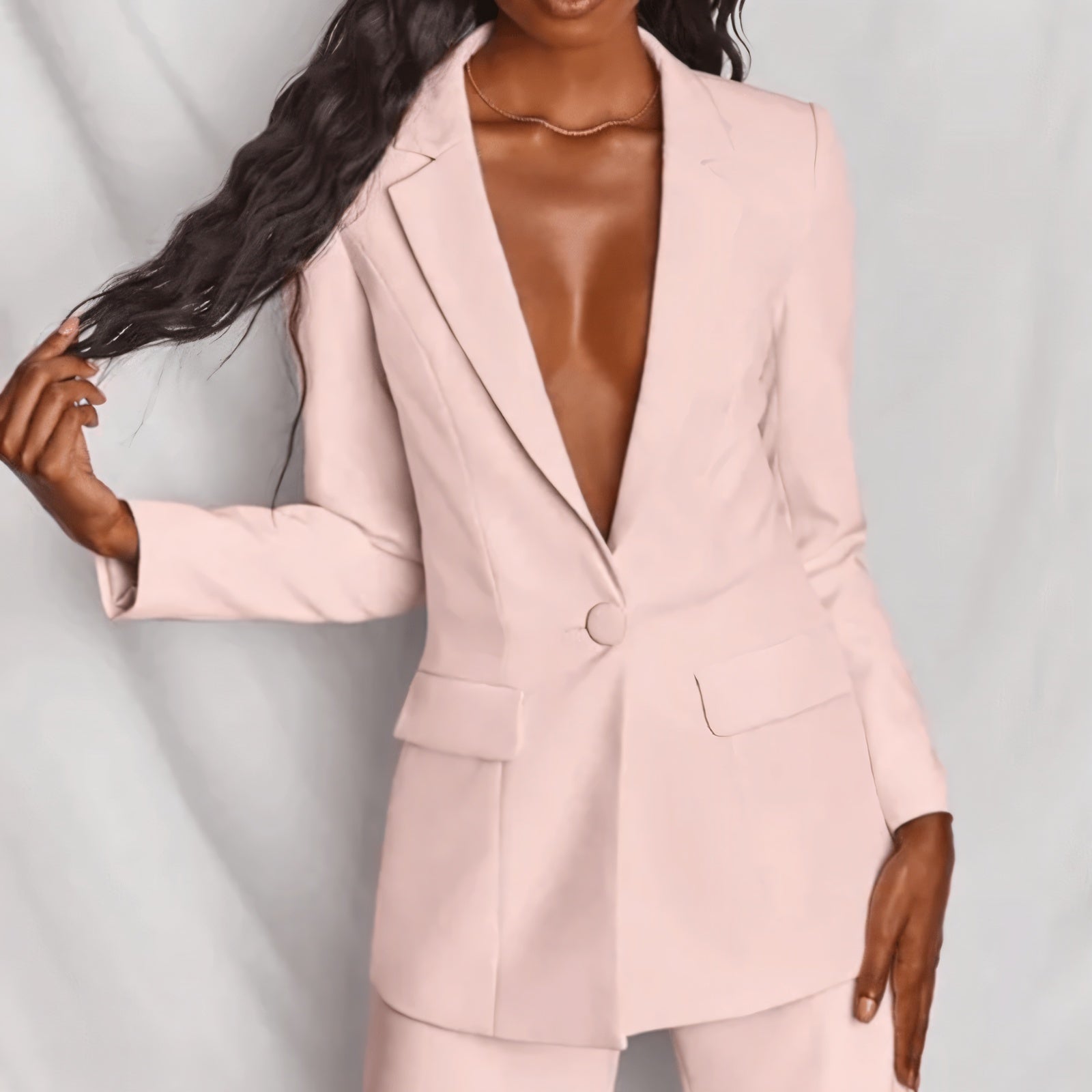 Women's Blue Suit – Deep V-Neck, Structured Shoulders, Wide-Leg Trousers, Polyester Spandex, Chic Modern Style-67661-34013f01-e958-41f8-bb98-7c1b1a26e5e4