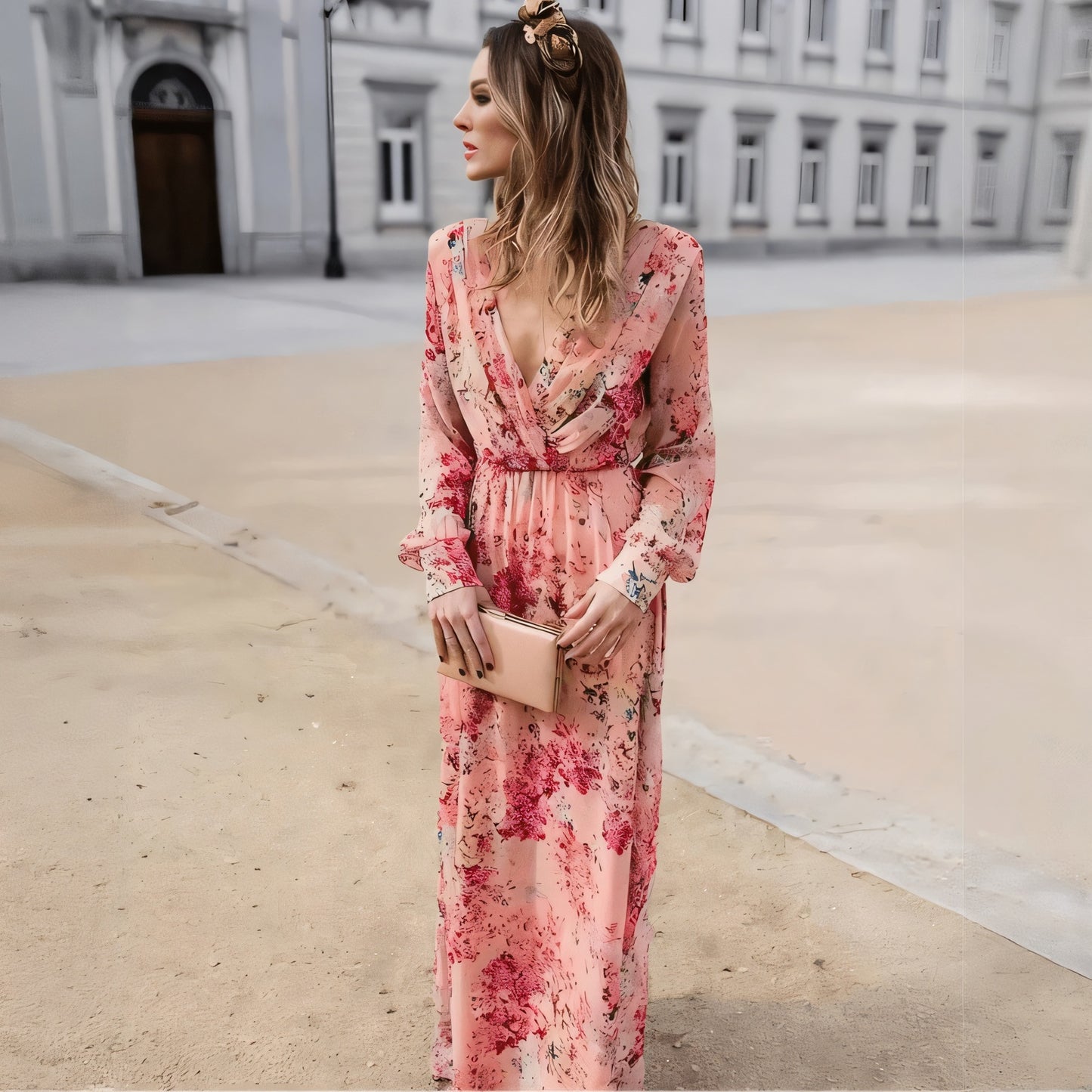 Women's Pink Floral Maxi Dress – Deep V-Neck, Long Gathered Sleeves, Sheer Fabric-67672-b751f7f7-32d9-46f6-a1d5-164c9d85fb83