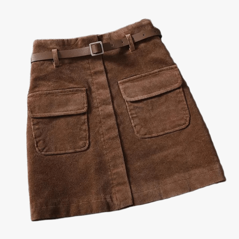 Women's Brown Corduroy A-Line Skirt – High Waist, Belted, Knee-Length-67685-9d3ce897-e7d0-489d-a071-660a31984386