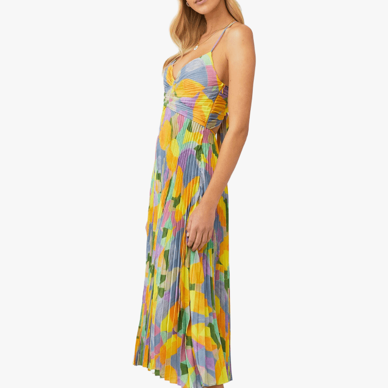 Women's Midi Dress - Multi-Colored Pleated Sweetheart Neckline Polyester Spandex-67691-1a7ea48d-107a-46d6-b032-7b71c5ec9aac