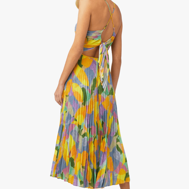 Women's Midi Dress - Multi-Colored Pleated Sweetheart Neckline Polyester Spandex-67691-0d3ae5dd-842e-4dce-81cb-bfa941f53983