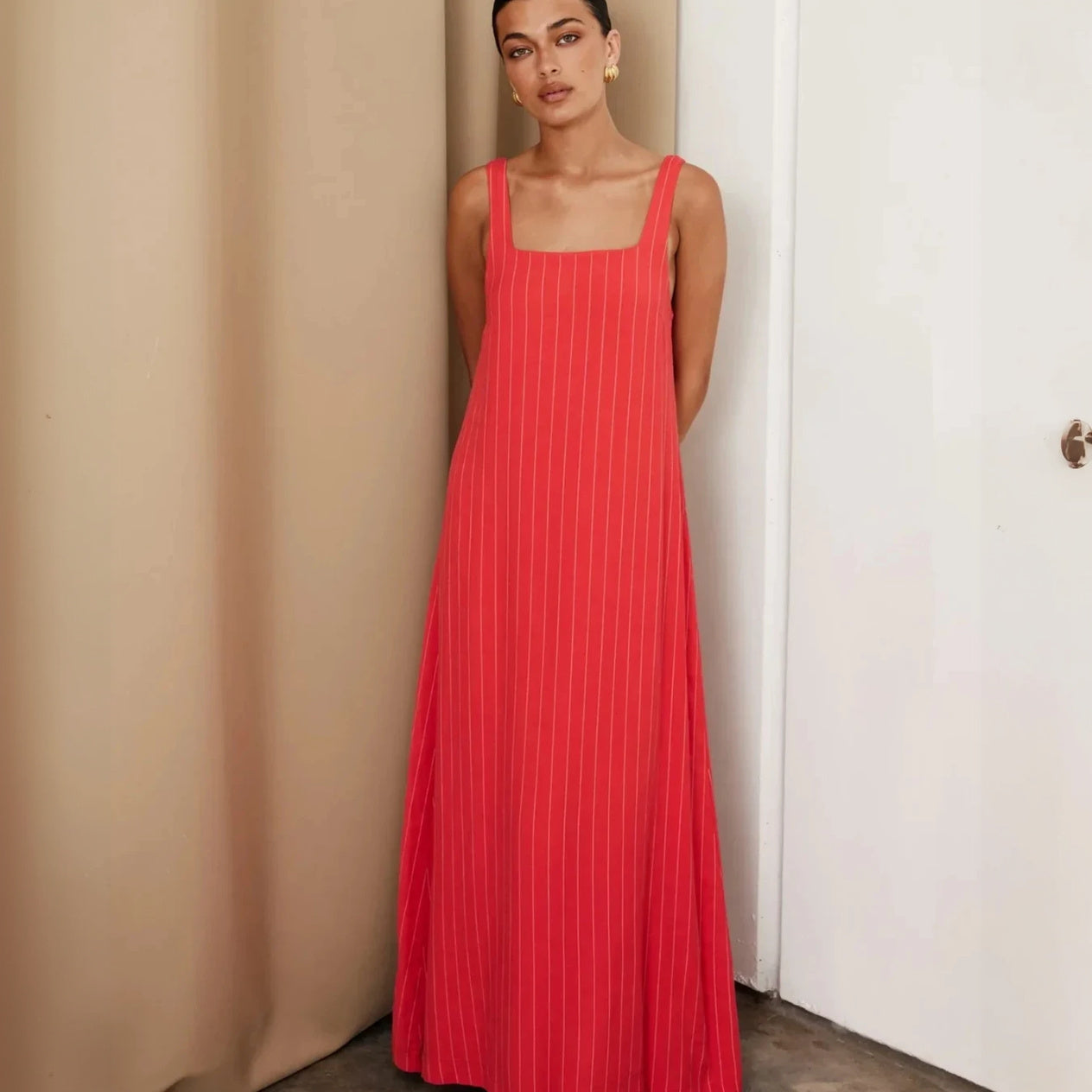 Women's Light Beige Cotton-Linen Maxi Dress – Vertical Stripe, Square Neck, Ankle-Length-67706-df96a93a-47bb-47bb-a375-fbf4bfa7558b