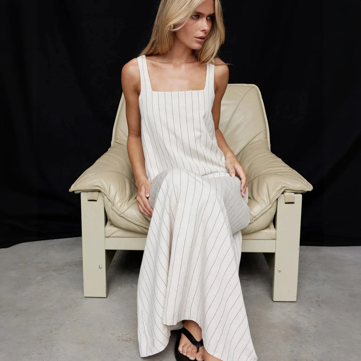 Women's Light Beige Cotton-Linen Maxi Dress – Vertical Stripe, Square Neck, Ankle-Length-67706-11b64a01-d2e4-4d3e-97b9-b615fc5d3929