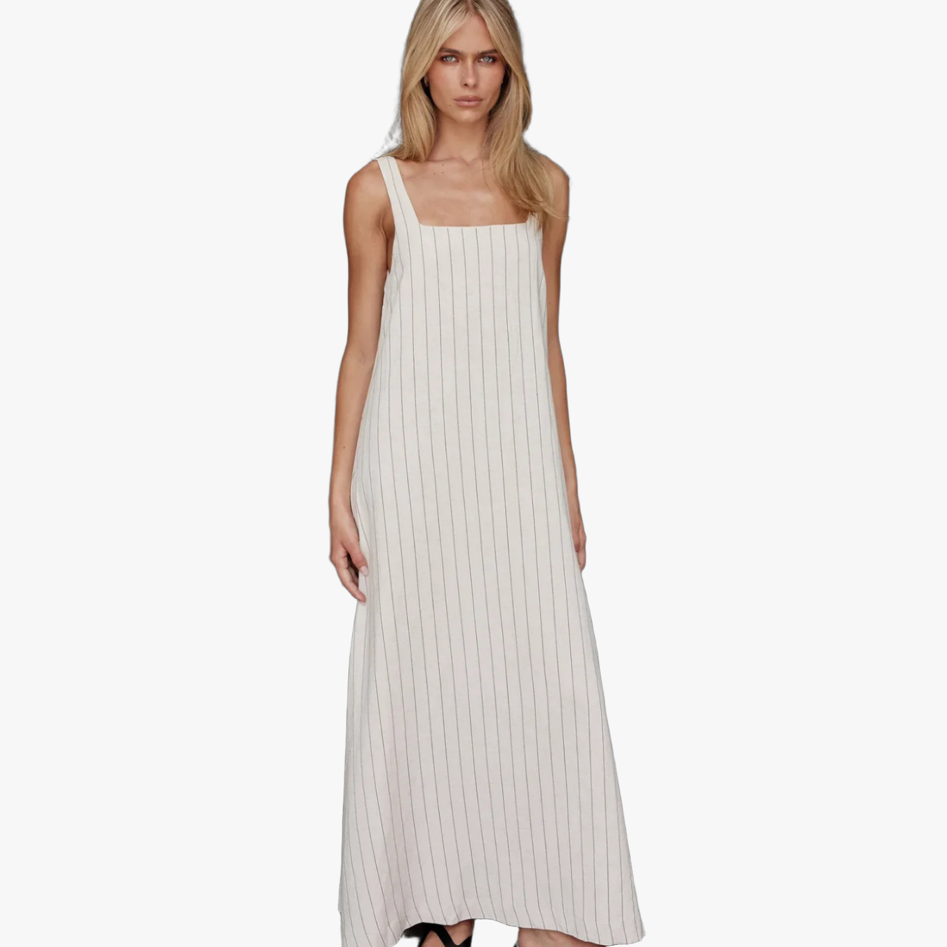 Women's Light Beige Cotton-Linen Maxi Dress – Vertical Stripe, Square Neck, Ankle-Length-67706-c2f6f7a4-aed5-43b2-a72a-9c5be5eb2181