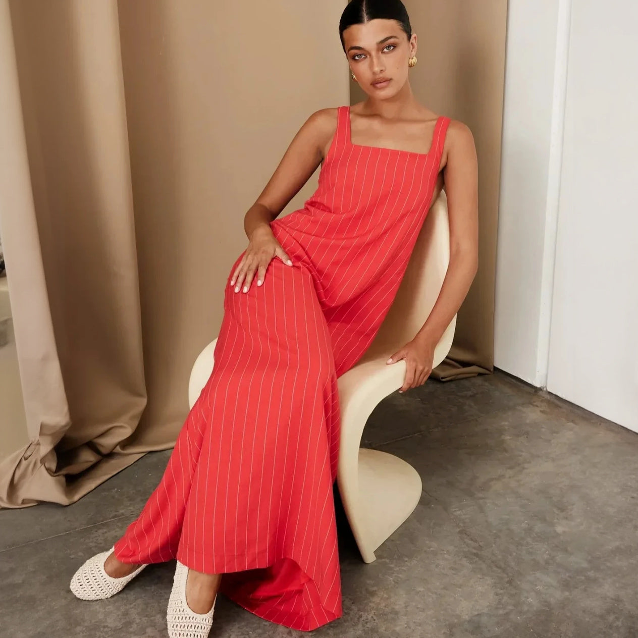 Women's Light Beige Cotton-Linen Maxi Dress – Vertical Stripe, Square Neck, Ankle-Length-67706-42785da4-5e0e-4932-a46a-806d7a29bd41