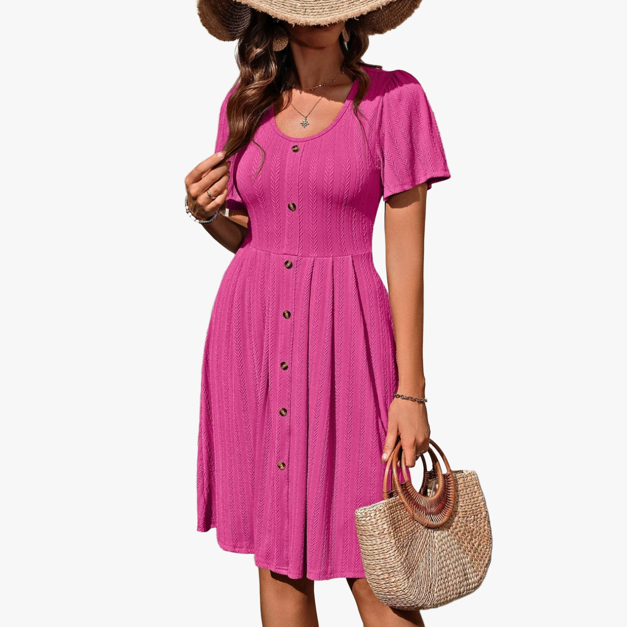 Women's Textured A-Line Dress – Button-Down, Flutter Sleeves, Knee-Length, Knitted Fabric, Pink/Blue/Black-67708-a5301a4b-d4f0-440a-bd3b-d6dcd2ee345e