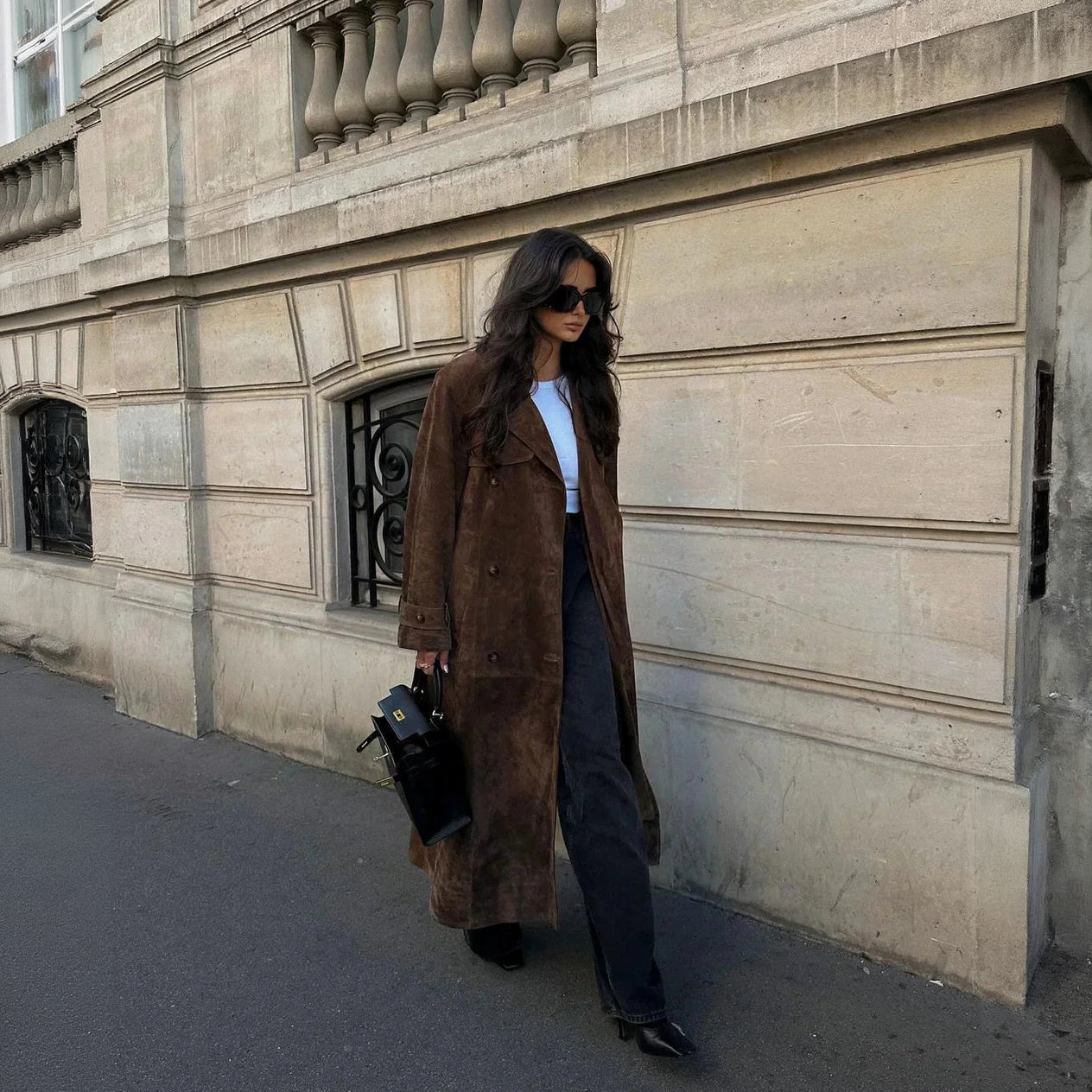 Women's Brown Suede Trench Coat – Double-Breasted, Oversized Fit, Mid-Calf Length-67715-31e658cb-8744-4260-a0e8-776f2eae5223