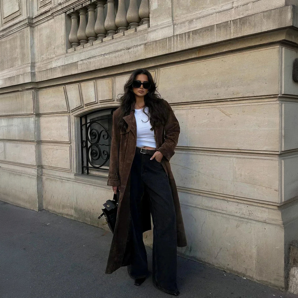 Women's Brown Suede Trench Coat – Double-Breasted, Oversized Fit, Mid-Calf Length-67715-0f3758b4-e18a-4f75-aef3-aee64c9187e8