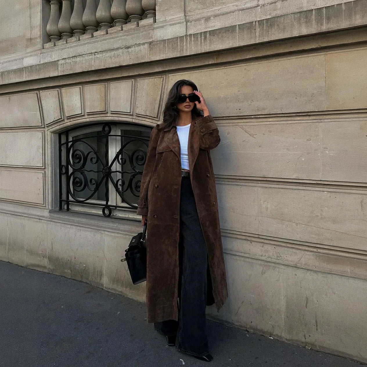 Women's Brown Suede Trench Coat – Double-Breasted, Oversized Fit, Mid-Calf Length-67715-6cb46aac-109c-4c09-ab96-235986658936