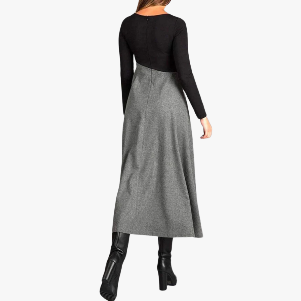 Women's Black Gray Two-Tone A-Line Dress – Cut-Out Neckline, Long Sleeve, Ankle-Length, Cotton Polyester-67735-f3cfb764-66df-4007-9f29-0eb51f830d17